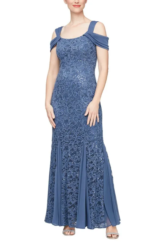 Cold Shoulder Sequin Lace Fit & Flare Dress with Godet Detail Skirt sold by Alex Evenings