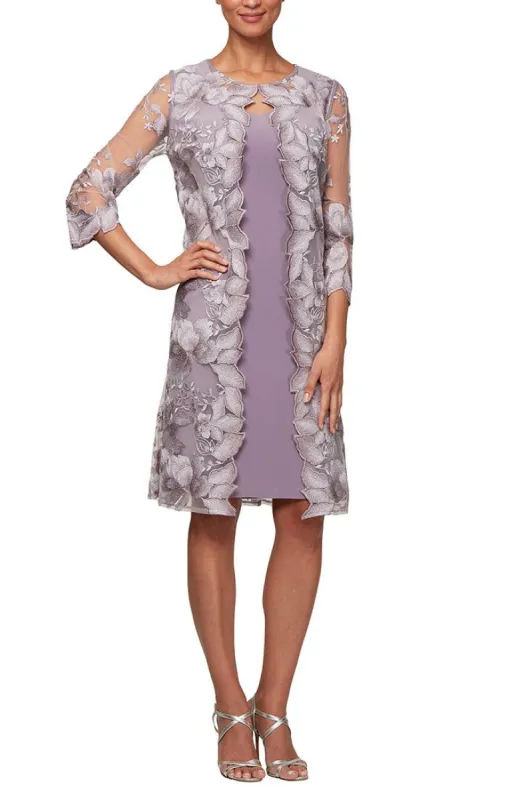 Petite - Midi Embroidered Elongated Lace Mock Jacket with Jersey Sheath Dress sold by Alex Evenings