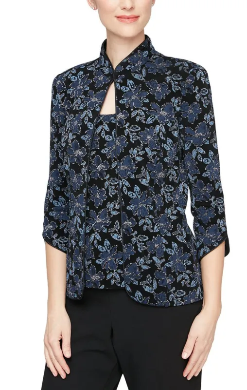 Regular - 3/4 Sleeve Printed Mandarin Neck Glitter Knit Twinset with Scoop Neck Tank and Hook Neck Closure Jacket sold by Alex Evenings