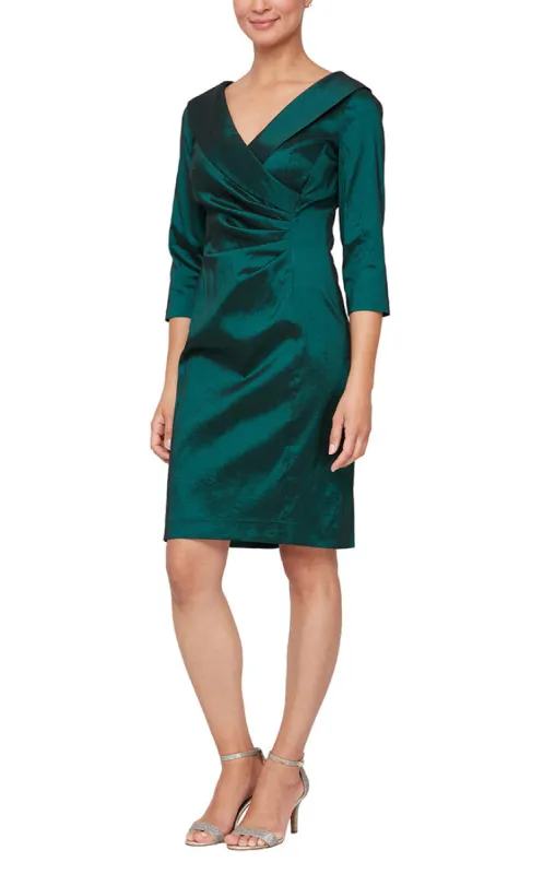 Regular - Short Sheath Stretch Taffeta Cocktail Dress with Portrait Collar and Ruched Waist Detail sold by Alex Evenings