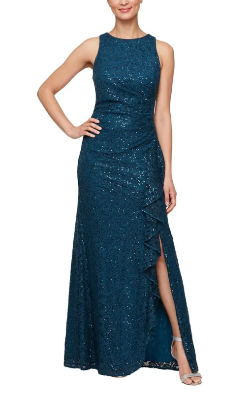 Regular - Long Sleeveless Lace Dress with Cascade Ruffle Front Slit Detail sold by Alex Evenings