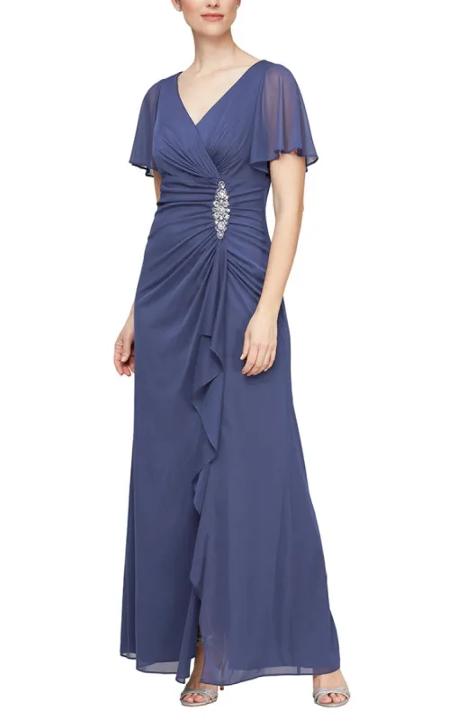 Petite - Surplice Neckline Mesh Dress with Flutter Sleeves, Embellishment at Hip and Cascade Skirt Detail sold by Alex Evenings