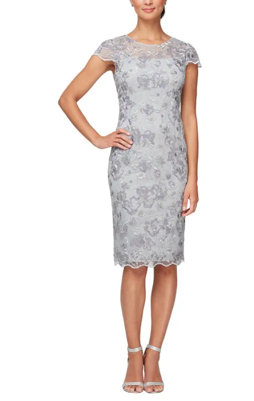 Petite Embroidered Sheath Dress with Illusion Neckline, Short Sleeves and Scallop Detail sold by Alex Evenings