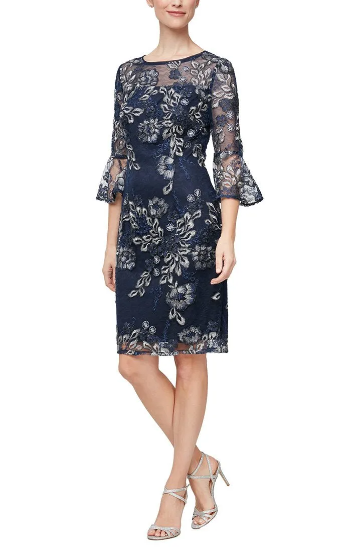 Petite Embroidered Sheath Cocktail Dress with Illusion Neckline & Bell Sleeves sold by Alex Evenings