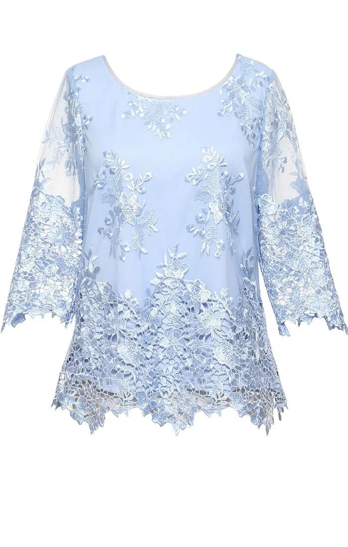 Plus 3/4 Sleeve Embroidered Detail Tunic with Scallop Sleeves & Hem sold by Alex Evenings