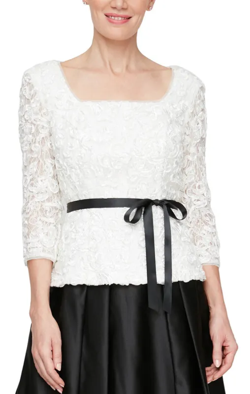 Petite - 3/4 Sleeve Square Neck Soutache Blouse with Tie Belt sold by Alex Evenings