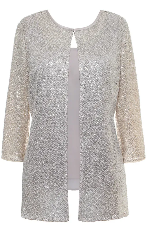 Plus 3/4 Sleeve Twinset with Sequin Detail Crochet Jacket and Chiffon Scoop Neck Tank sold by Alex Evenings