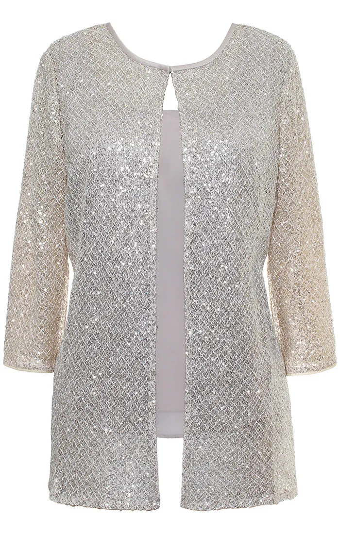 Plus 3/4 Sleeve Twinset with Sequin Detail Crochet Jacket and Chiffon Scoop Neck Tank sold by Alex Evenings