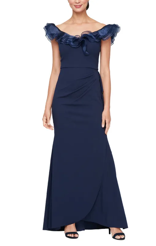 *Long Stretch Crepe Off the Shoulder Dress with Organza Ruffle Neckline sold by Alex Evenings