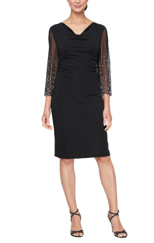 Short Cowl Neck Sheath Dress with Heat Set Illusion Sleeves sold by Alex Evenings