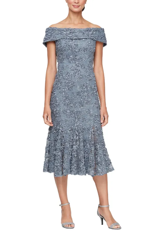 Off the Shoulder Soutache Lace Fit and Flare Dress with Foldover Cuff Neckline sold by Alex Evenings