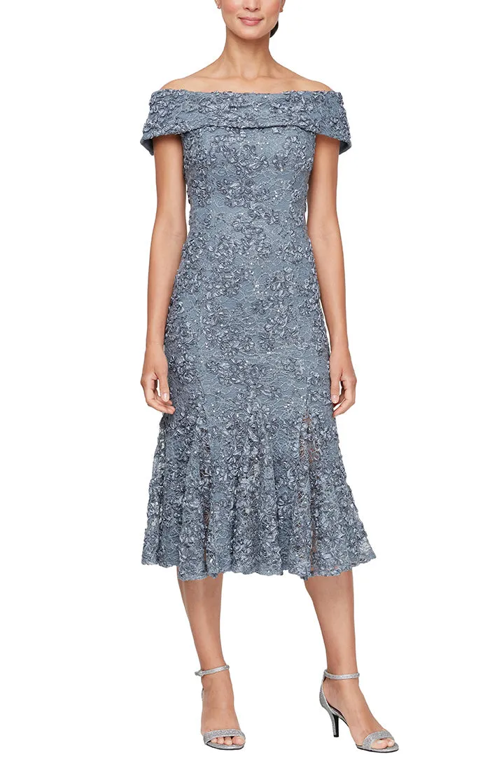 Off the Shoulder Soutache Lace Fit and Flare Dress with Foldover Cuff Neckline sold by Alex Evenings