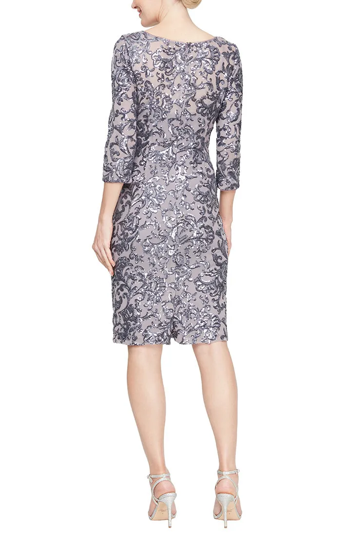 Short V-Neck Sheath Dress with Illusion Neckline and Elbow Sleeves sold by Alex Evenings product image thumbnail 2