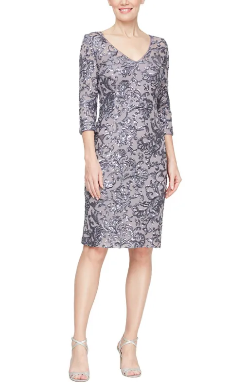 Short V-Neck Sheath Dress with Illusion Neckline and Elbow Sleeves sold by Alex Evenings