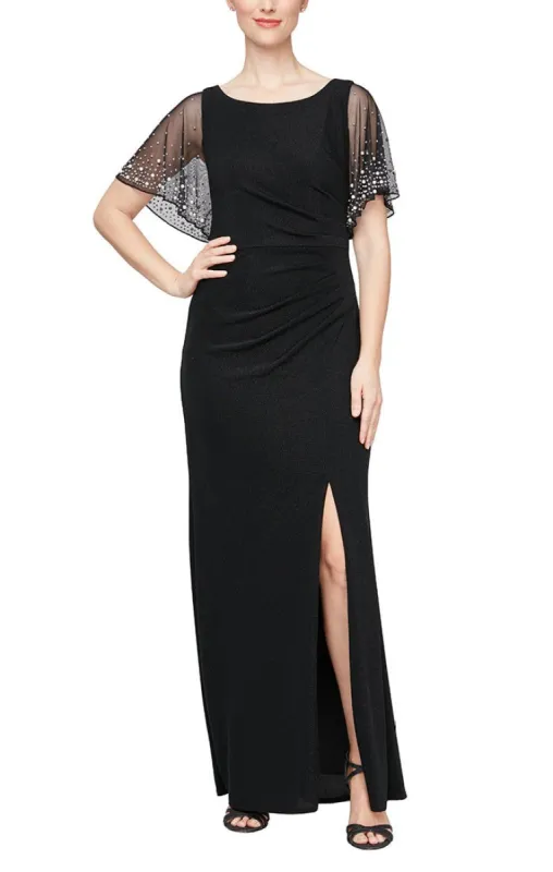 Embellished Flutter Sleeve Metallic Knit Dress with Ruched Waist Detail sold by Alex Evenings