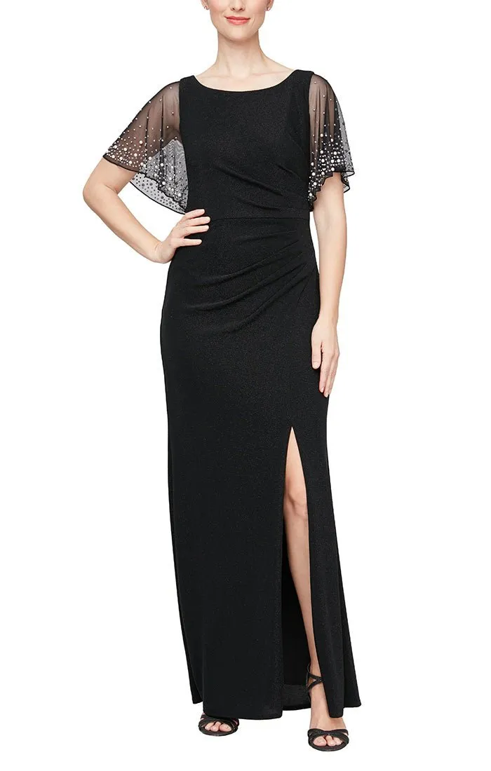 Embellished Flutter Sleeve Metallic Knit Dress with Ruched Waist Detail sold by Alex Evenings