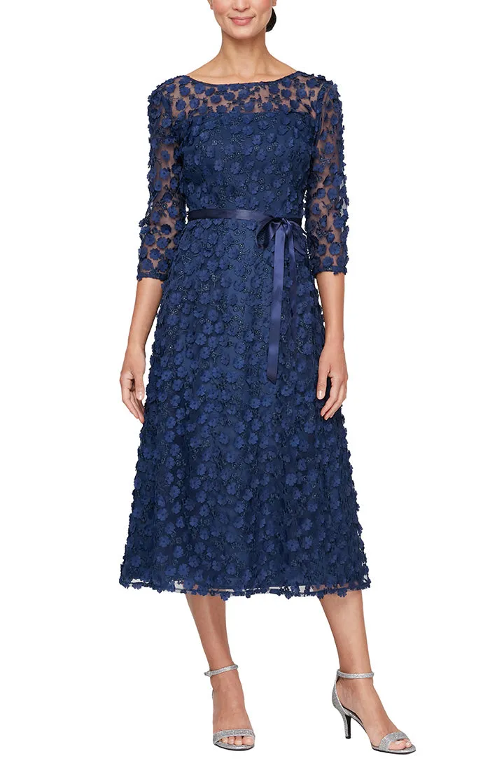 3-D Flower Party Dress with Illusion Neckline and Sleeves sold by Alex Evenings