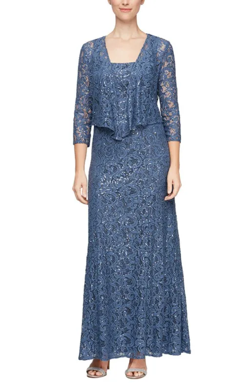 Sequin Lace Long A-Line Dress with 3/4 Sleeve Illusion Jacket sold by Alex Evenings