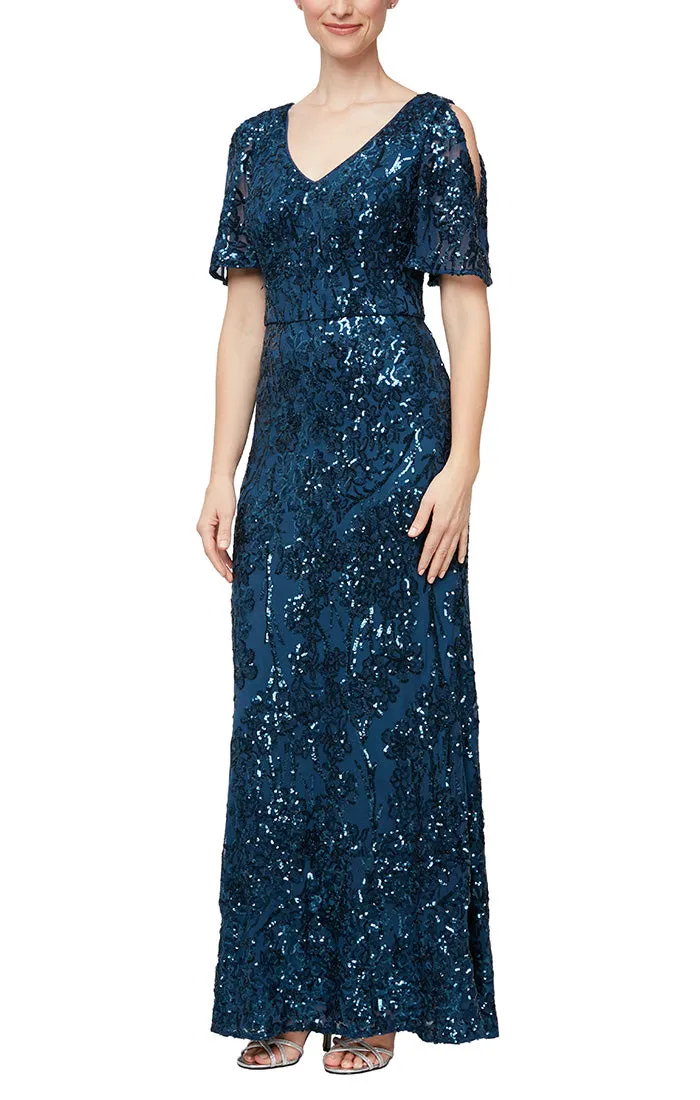Regular- Caroline Flutter Sleeve Sequin Gown sold by Alex Evenings