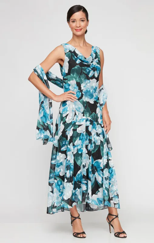 Regular - Tea-Length Printed Chiffon Sleeveless Dress with Shawl sold by Alex Evenings