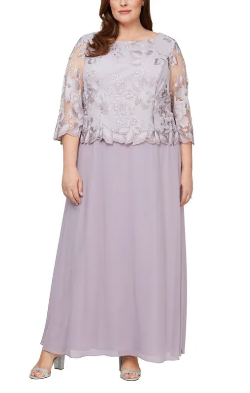 Plus A-Line Embroidered Dress with Scallop Detail and 3/4 Sleeves sold by Alex Evenings
