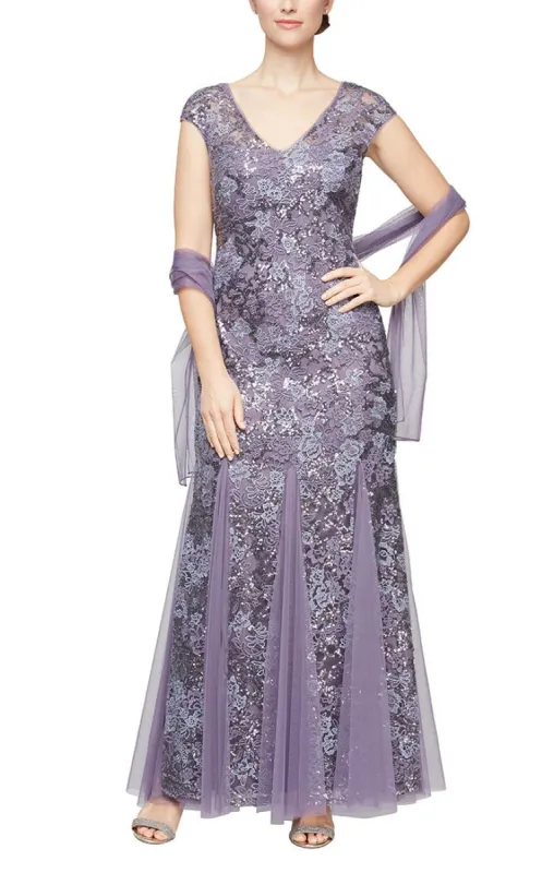 Regular - Embroidered Fit and Flare Dress with Godet Skirt, Illusion V-Neckline & Shawl sold by Alex Evenings