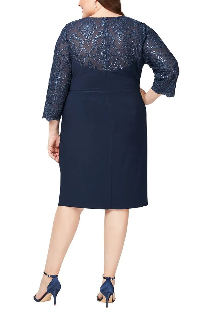 Surplice Neckline Sheath Dress with Embroidered Illusion Neckline/Sleeve & Knot Front Detail sold by Alex Evenings product image thumbnail 2