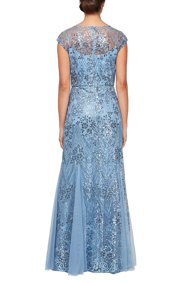 Petite - Long V-Neck Embroidered Fit and Flare Dress With Illusion Neckline, Godet Detail Skirt and Shawl sold by Alex Evenings product image thumbnail 2