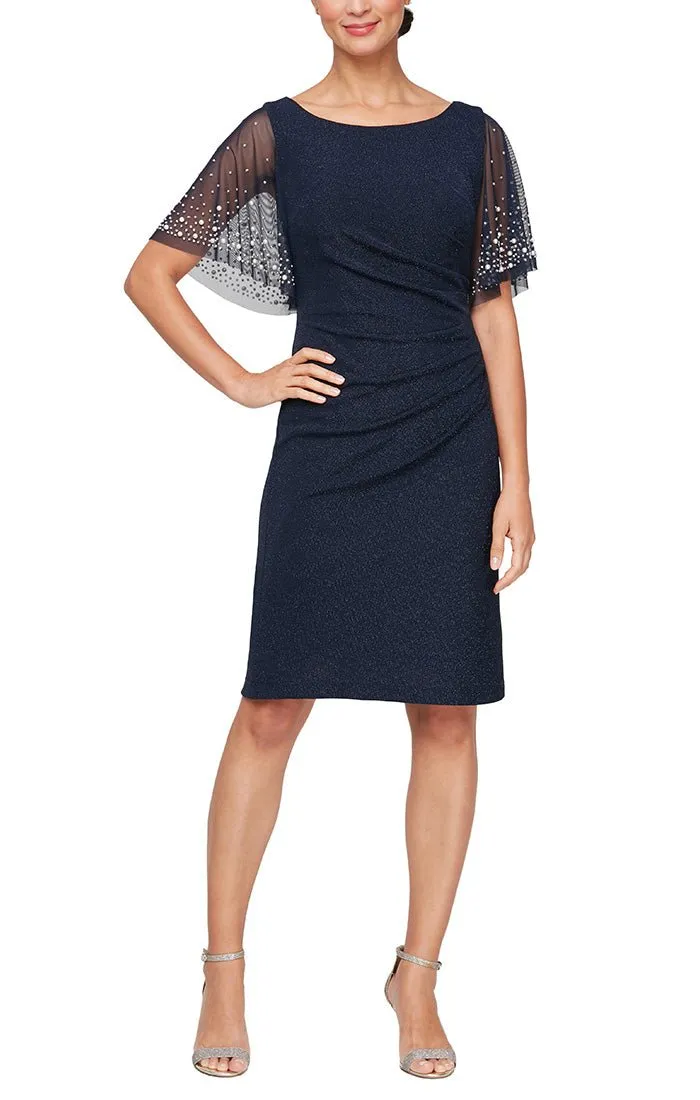 Regular - Short Sheath Metallic Knit Cocktail Dress with Beaded Illusion Flutter Sleeves sold by Alex Evenings