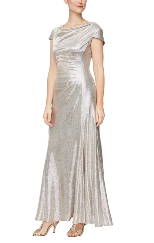 Regular - A-Line Cap Sleeve Metallic Knit Gown with Cowl Neck & Back Detail sold by Alex Evenings