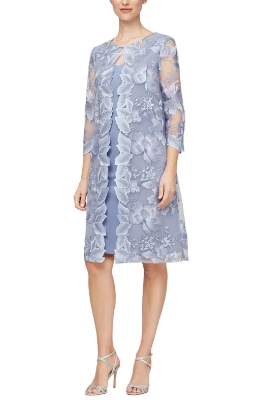 Petite - Embroidered Elongated Lace Mock Jacket with Jersey Sheath Dress sold by Alex Evenings
