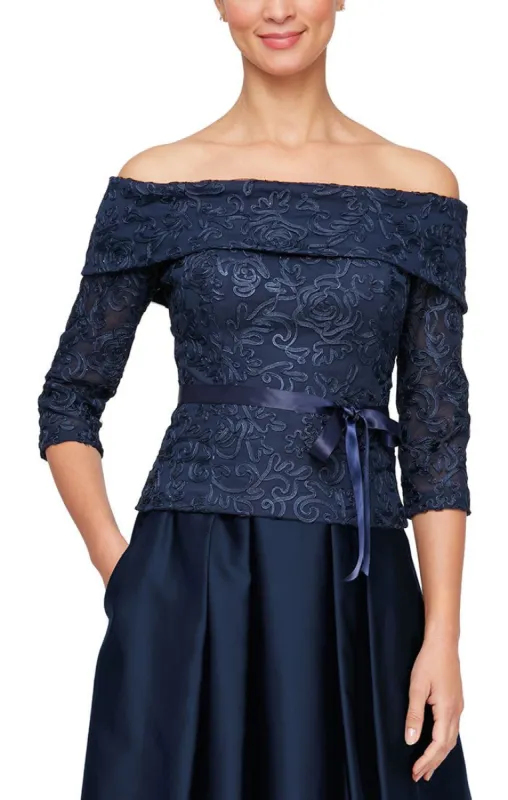 Petite - Off-the-Shoulder Soutache Blouse with Tie Belt and Illusion Sleeves sold by Alex Evenings