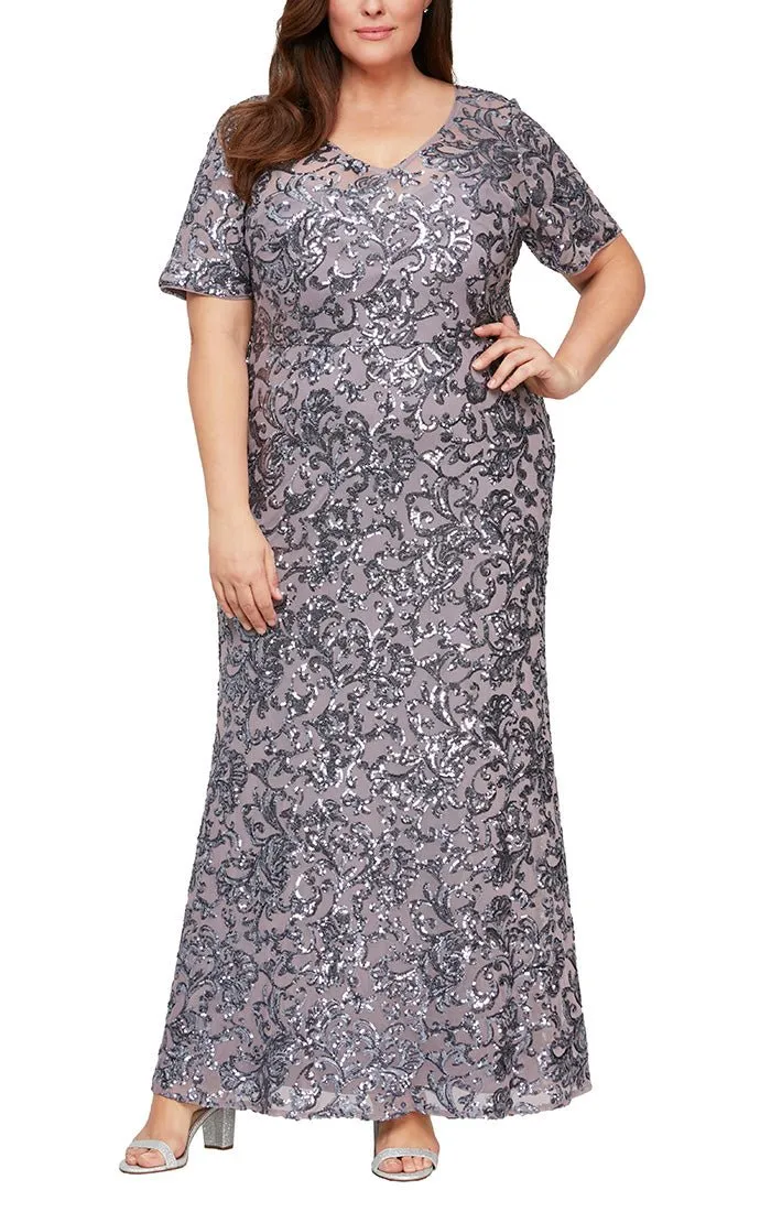 Plus - Long Sequin V-Neck Dress with Short Sleeves sold by Alex Evenings