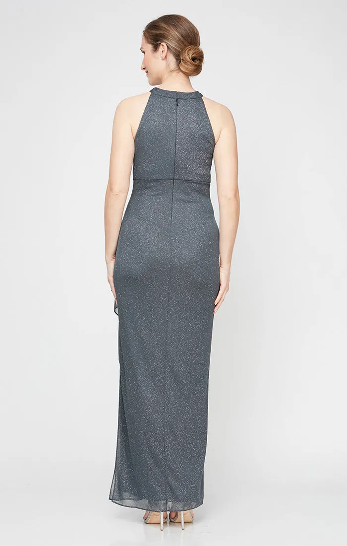 Petite - Halter Neck Glitter Mesh Gown with Cascade Detail Skirt sold by Alex Evenings product image thumbnail 2