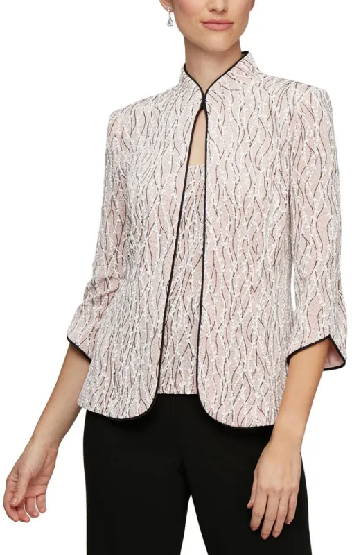 Glitter Knit Mandarin Neck Twinset with Scoop Neck Tank and Satin Piping Detail sold by Alex Evenings