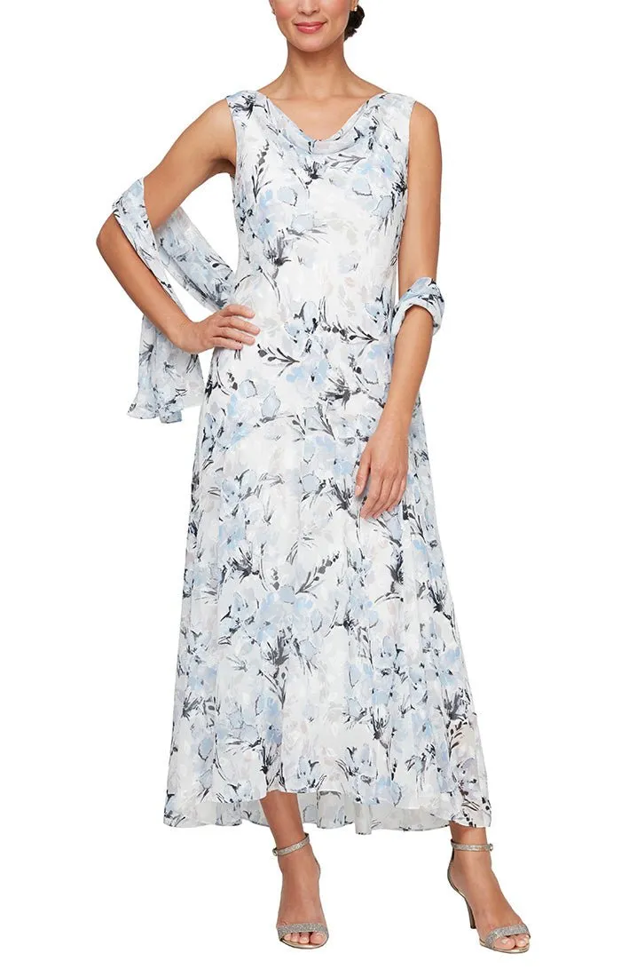 Floral Chiffon Sleeveless Dress with Cowl Neckline and Shawl sold by Alex Evenings