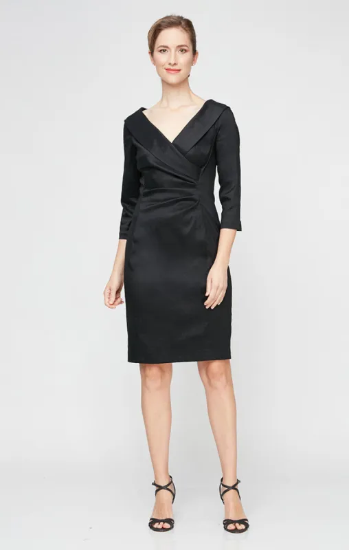 Regular - Stretch Taffeta Cocktail Dress with Portrait Collar and Ruched Waist Detail sold by Alex Evenings