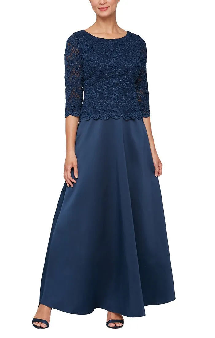 Petite - Long A-Line Mock Dress With Scallop Detail and Illusion Sleeves sold by Alex Evenings