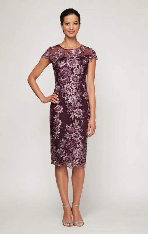 Regular - Embroidered Lace Cocktail Dress with Illusion Neckline & Scallop Detail Hem sold by Alex Evenings