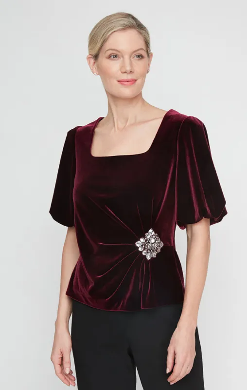 Petite - Square Neck Velvet Blouse with Puff Shoulder sold by Alex Evenings