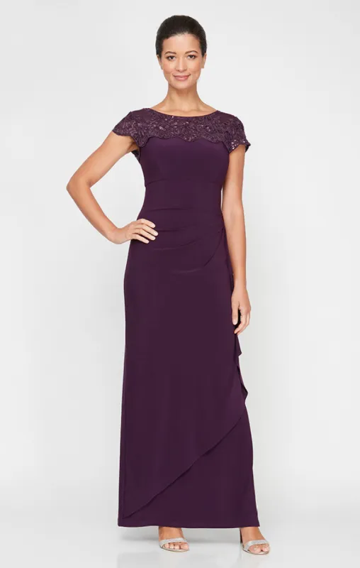 Petite Empire Waist Dress with Cascade Detail Skirt and Embroidered Illusion Neckline sold by Alex Evenings