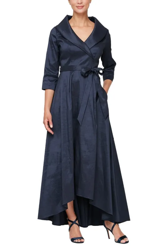 Portrait Collar Stretch Taffeta Dress with High Low Hem and Tie Belt sold by Alex Evenings