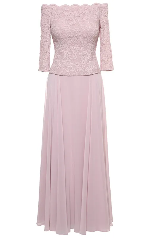 Long Stretch Lace Off the Shoulder Mock Dress with Scallop Neckline Detail and Chiffon Full Skirt sold by Alex Evenings
