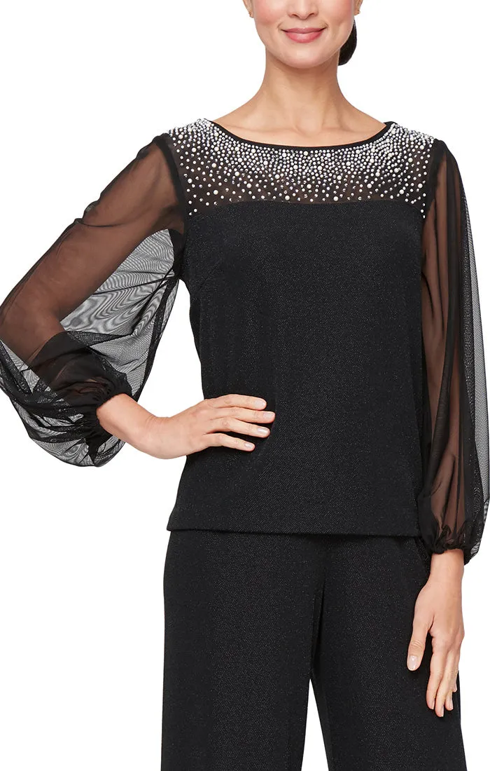 Plus - 3/4 Sleeve Blouse with Heat Set Illusion Neckline and Illusion Sleeves sold by Alex Evenings