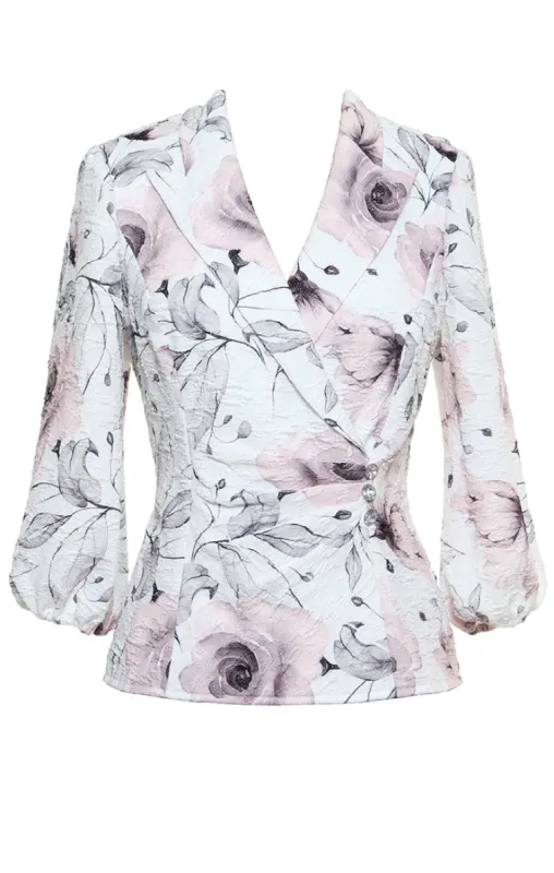 Plus Printed Jacquard Knit Side Closure Blouse with Bubble Hem Sleeves made by Alex Evenings