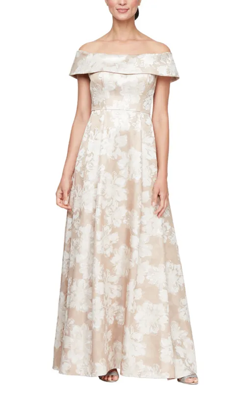 Long Printed Jacquard Off the Shoulder Ballgown sold by Alex Evenings
