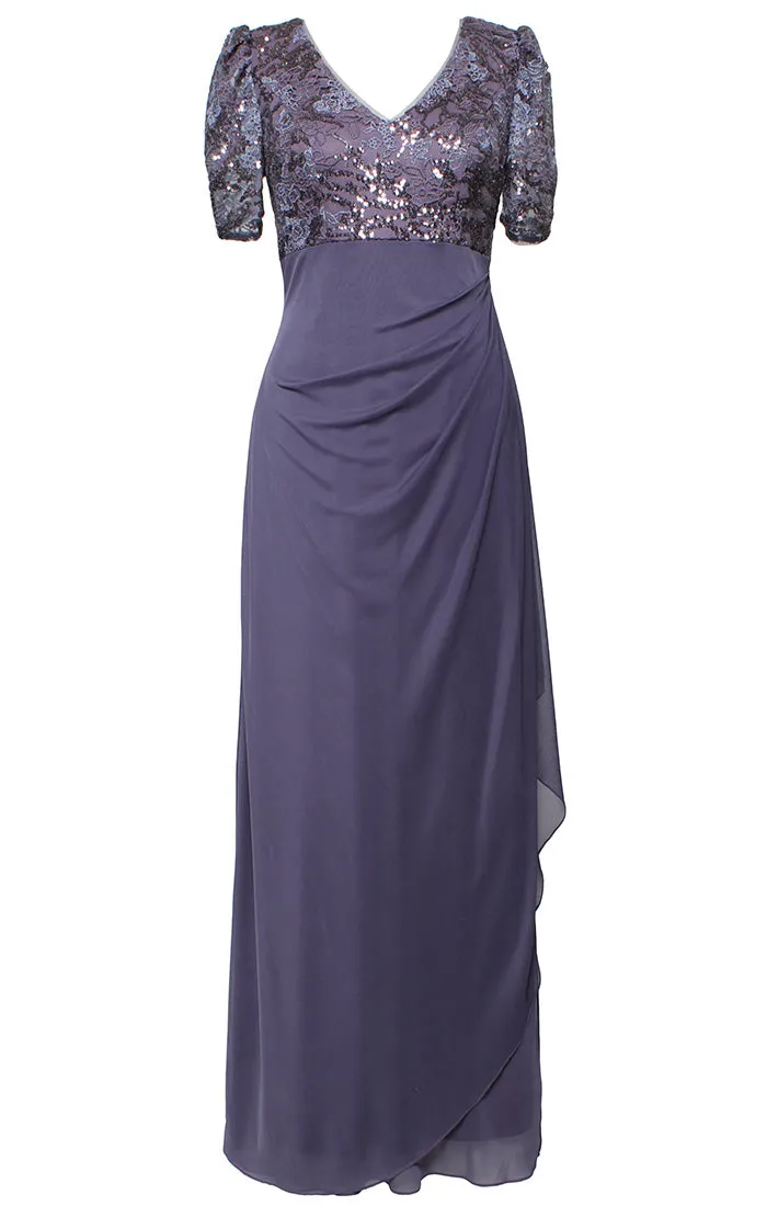 Petite Long Embroidered V-Neck Dress with Ruff Shoulder Elbow Sleeves and Cascade Detail Skirt sold by Alex Evenings