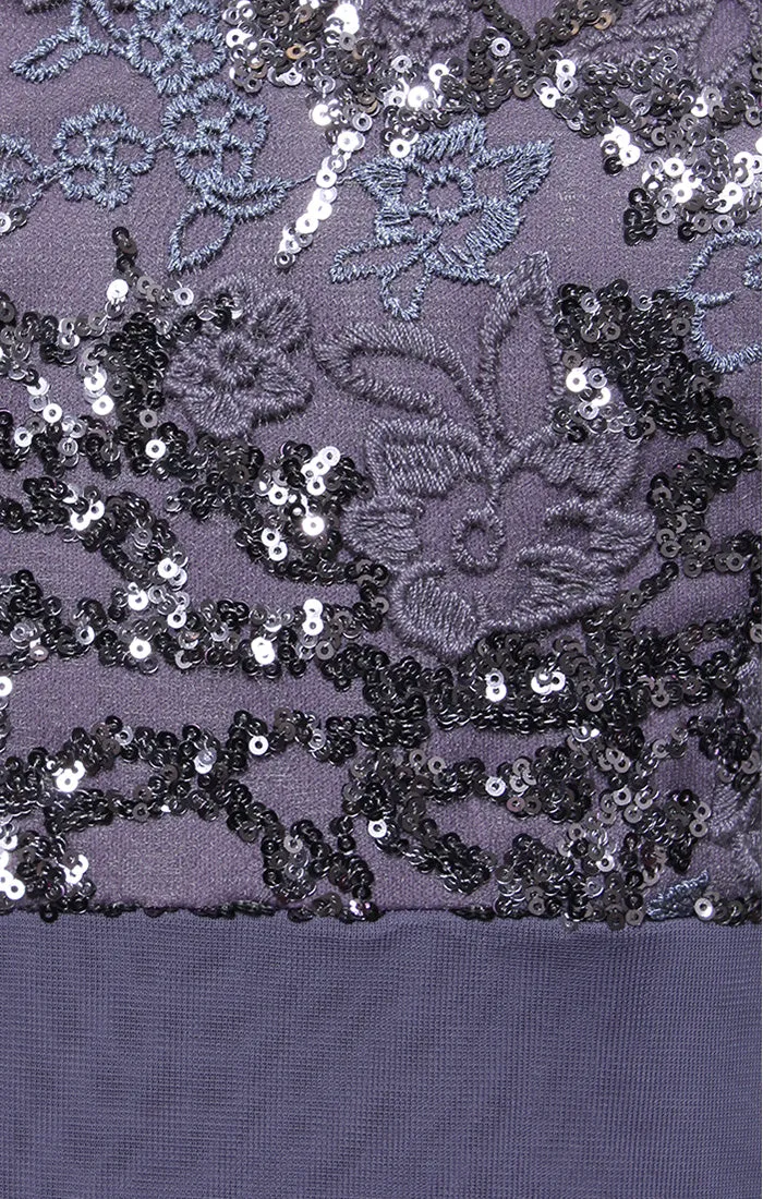 Petite Long Embroidered V-Neck Dress with Ruff Shoulder Elbow Sleeves and Cascade Detail Skirt sold by Alex Evenings product image thumbnail 2