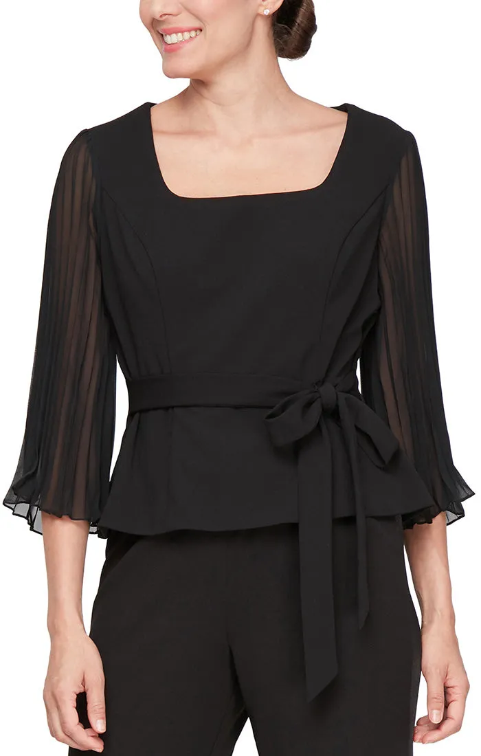 Regular - 3/4 Sleeve Scoop Neck Blouse with Pleated Illusion Sleeves and Tie Belt sold by Alex Evenings
