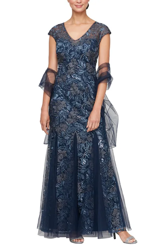 Long Embroidered V-Neck Dress with Godet Detail Skirt and Shawl sold by Alex Evenings